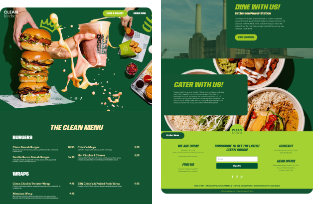 Split website layout for a restaurant featuring vibrant images of burgers and wraps on the left, and bowls of food on the right—a perfect branding case study with menu and catering options in bold green and yellow sections.
