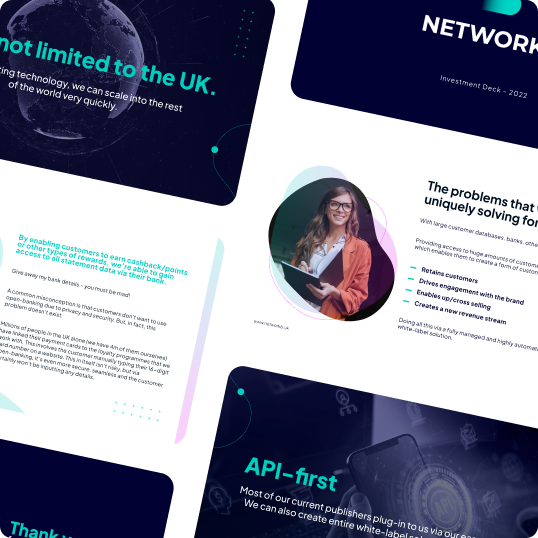 A collage of slides from a business investment deck featuring text, geometric designs, and a photo of a smiling woman holding a tablet. Topics include UK market reach, customer experience, branding case study insights, and API integration.