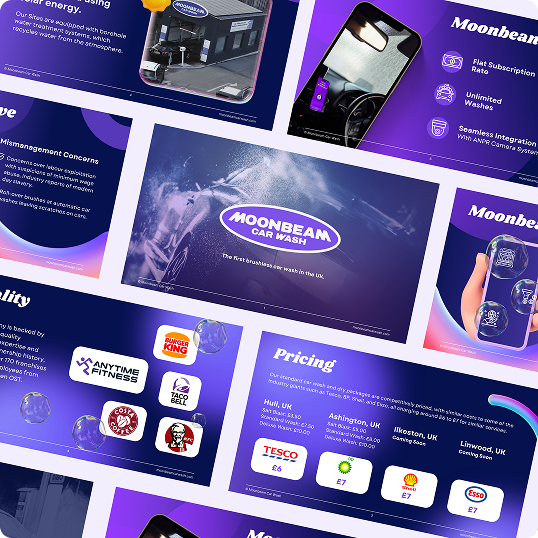 A collage of promotional slides for Moonbeam Car Wash showcases a branding case study, featuring app interfaces, pricing details, partner logos (like Tesco and Burger King), and vibrant purple backgrounds with white and blue text.