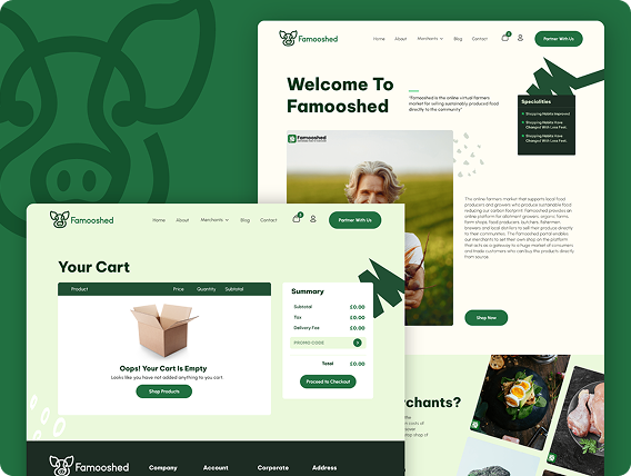 A branding case study: A website design mockup for Famooshed shows a homepage with a pig logo, welcome message, and image of a person outdoors. An overlay displays the cart page with an empty box and order summary in a green and white color scheme.