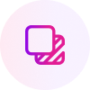 A pink and purple gradient icon, perfect for a branding case study, shows two overlapping squares—one partially filled with diagonal stripes. The background is light gray with a subtle pink halo effect.