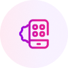 Icon of a smartphone with four camera lenses on the back, outlined in a gradient pink and purple color, ideal for a branding case study, with a stylized cloud or smoke shape on the left side.