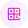 Icon of a calculator with four quadrants, each displaying a math symbol: plus, minus, multiplication, and equals—perfect for illustrating a case study. The design features a pink and purple gradient outline on a light background.
