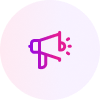 A simple, pink and purple gradient icon of a megaphone facing right, with three sound lines coming from the mouthpiece, on a light gray background—perfect for a branding case study.