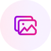 Icon of two overlapping images, outlined simply, with a mountain and sun or moon on the front. The pink and purple gradient adds a modern touch—perfect for showcasing visuals in a branding case study on a light background.