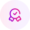 A pink and purple gradient icon of a ribbon award featuring a check mark in the center, symbolizing achievement or certification, perfect for a branding case study on a light background.