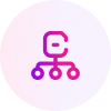 A stylized icon of a rounded square above three connected circles, all in a pink and purple gradient, resembling a network or hierarchy diagram—perfect for illustrating a case study on organizational structure, set against a light background.