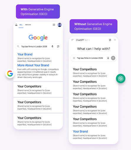 Two side-by-side smartphone screens compare Google search results (with Generative Engine Optimisation) and a ChatGPT interface (without GEO), both displaying Top law firms in London 2026—ideal insights for any digital marketing agency London seeks.