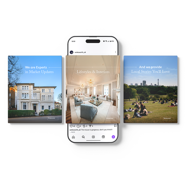 Three panels: left features a white house with M31 Capital Web Design and "We are Experts in Market Updates," center shows a smartphone displaying a living room with "Lifestyles & Interiors," right highlights people in a park with "Local Stories You'll Love.