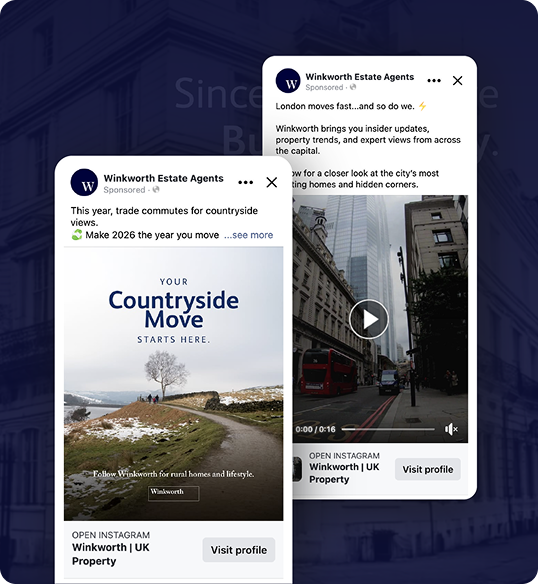 Two Winkworth Estate Agents Instagram ads—one set on a countryside road, the other on a city street—highlight property moves with Winkworth. A true Winkworth estate agency case study in connecting people to their ideal homes.