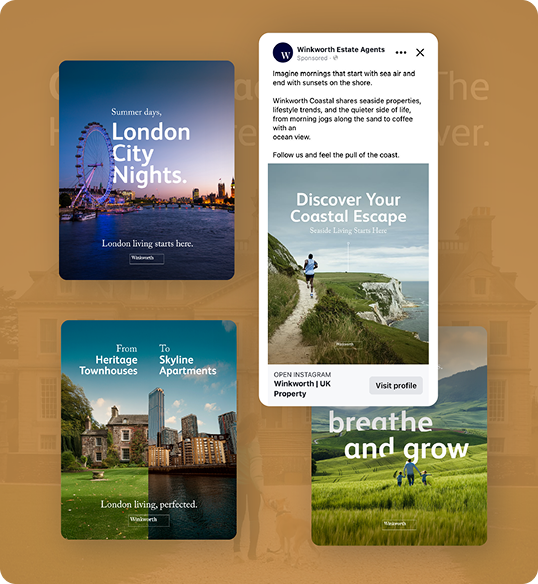 Instagram ads from Winkworth Estate Agents, highlighted in a Winkworth estate agency case study, showcase London city nights, coastal escapes, heritage townhouses, and skyline apartments with inviting text and scenic photos of homes and cityscapes.