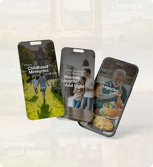 Three smartphones display images: a child running toward a mansion, a family laughing in a sunlit kitchen, and an elderly man with a child at a dining table. Each phone features uplifting text about memories and family, inspired by the Winkworth estate agency case study.