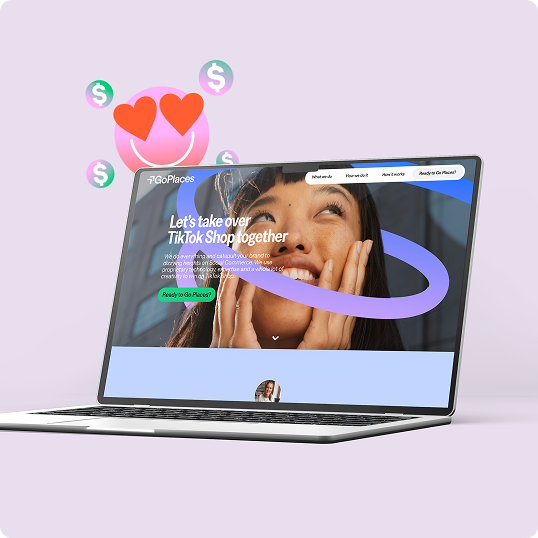 A laptop on a lavender surface showcases a BCI Brands Web Design website featuring a smiling woman and the text “Let’s take over TikTok Shop together.” Heart eyes and dollar sign emojis float above the screen.
