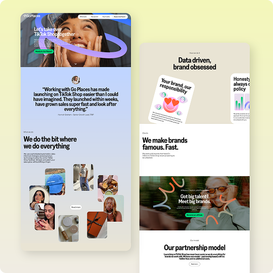 Two overlapping website mockups showcase a vibrant BCI Brands Web Design agency homepage, featuring bold headlines, people-focused photos, data-driven branding sections, testimonials, and TikTok-focused success stories.