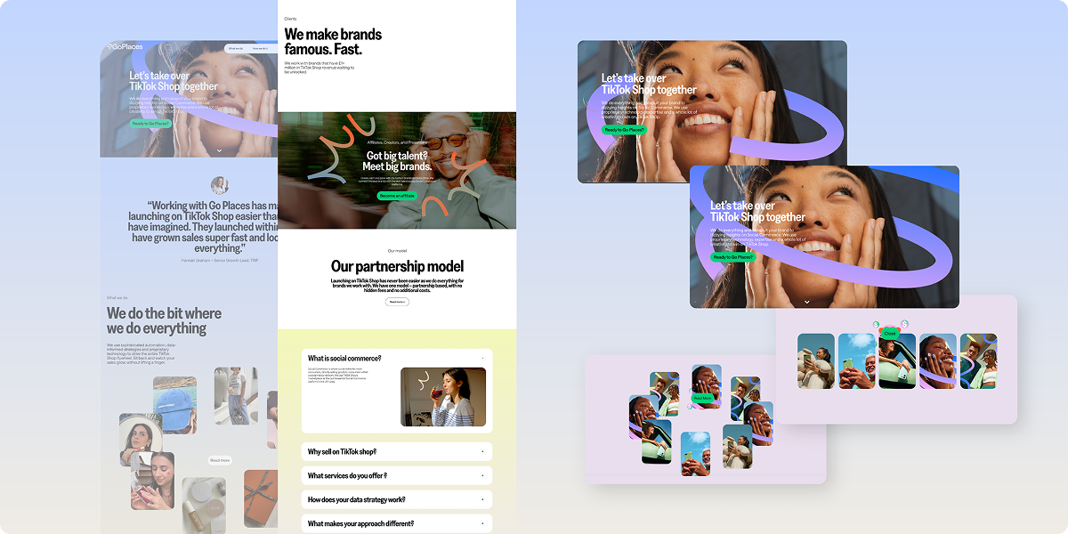 Screenshot of a modern website by BCI Brands Web Design, featuring photos of smiling people, bold headings about making brands famous, partnership details, testimonial quotes, and interactive image sections in a colorful, dynamic layout.