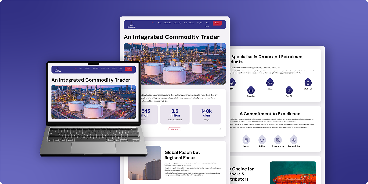 A mockup showing a commodity trading website on a laptop and several web pages, featuring industrial oil storage tanks, statistics, icons, and sections highlighting services and global reach—a perfect setting for a Viewture creator funding case study—on a purple gradient background.