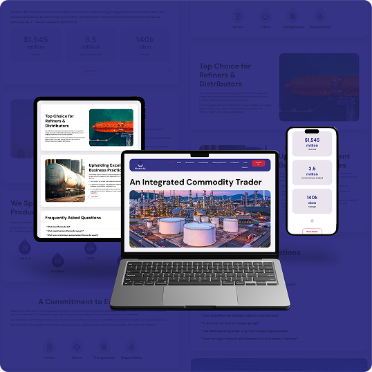 A laptop, tablet, and smartphone display a commodity trading website with images of oil tanks and ships—set against a purple background with faint interface graphics—showcasing a Viewture creator funding case study.