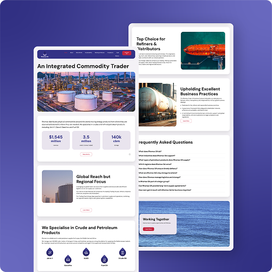 A website homepage mockup for a commodity trading company, featuring sections on business practices, global reach, products, an oil refinery image, shipping vessels, key business stats—plus a Viewture creator funding case study—all with a clean, modern design on a purple background.