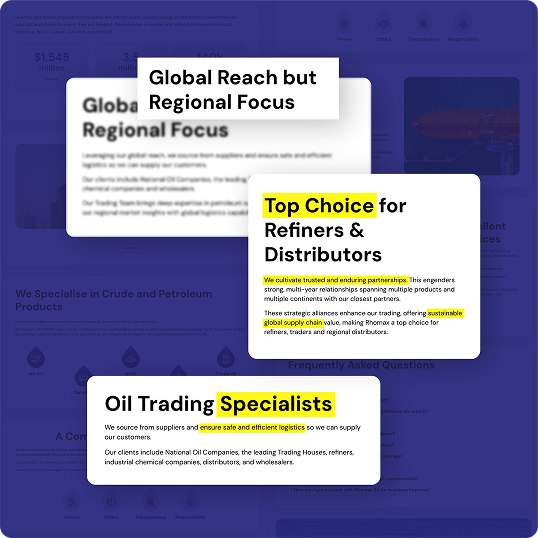 Three overlapping text boxes highlight business strengths: Global Reach but Regional Focus, Top Choice for Refiners & Distributors, and Oil Trading Specialists—with yellow highlights inspired by the Viewture creator funding case study.