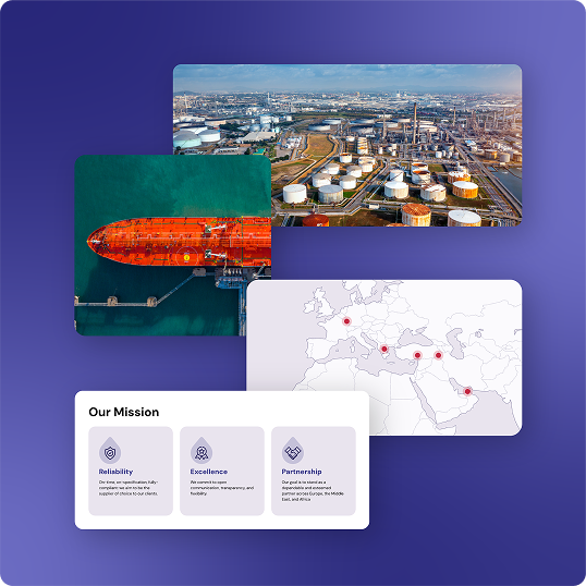 A collage showing an aerial view of an industrial oil facility, an overhead shot of a red oil tanker at a dock, a map with marked locations, and a Our Mission section listing reliability, excellence, and partnership from our Viewture creator funding case study.