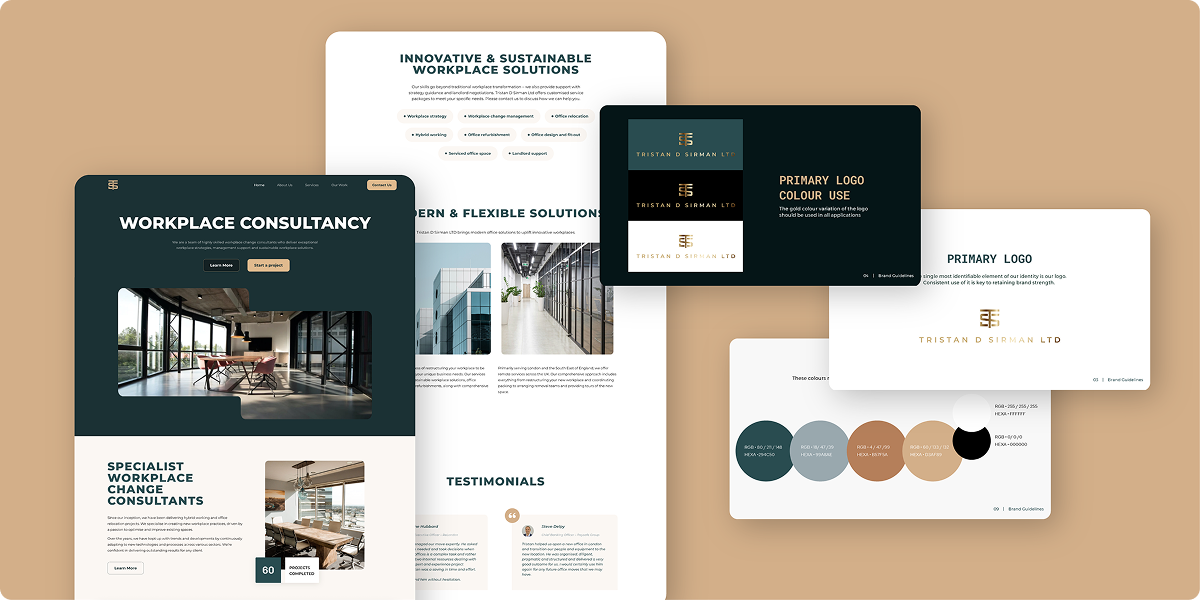 A digital mockup displays a workplace consultancy website, branding materials, and the Zeus Sustainable Freight Pitch Deck, including logo variations, brand colors, and interior office images on overlapping cards with a beige background.