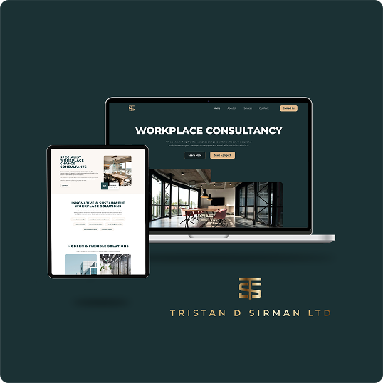 A laptop and tablet display a modern website for Workplace Consultancy by Tristan D Sirman Ltd, featuring interior office images and a clean, professional design inspired by the Zeus Sustainable Freight Pitch Deck on a dark green background.