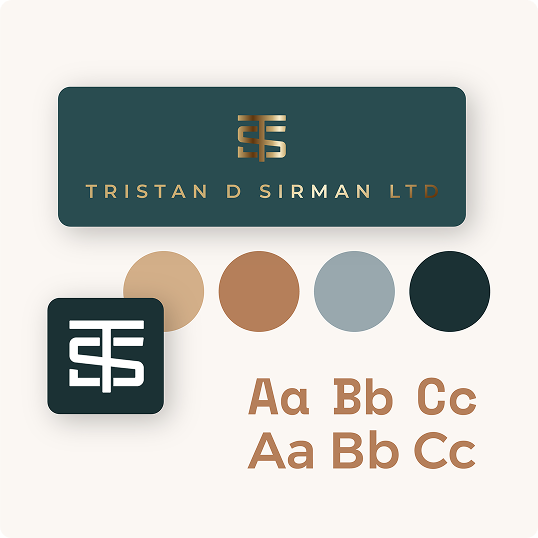 Brand board for Tristan D Sirman Ltd featuring a green logo with interlocking letters, company name, Zeus Sustainable Freight Pitch Deck branding, four color swatches (tan, brown, gray, green), and tan and brown font samples for Aa Bb Cc.
