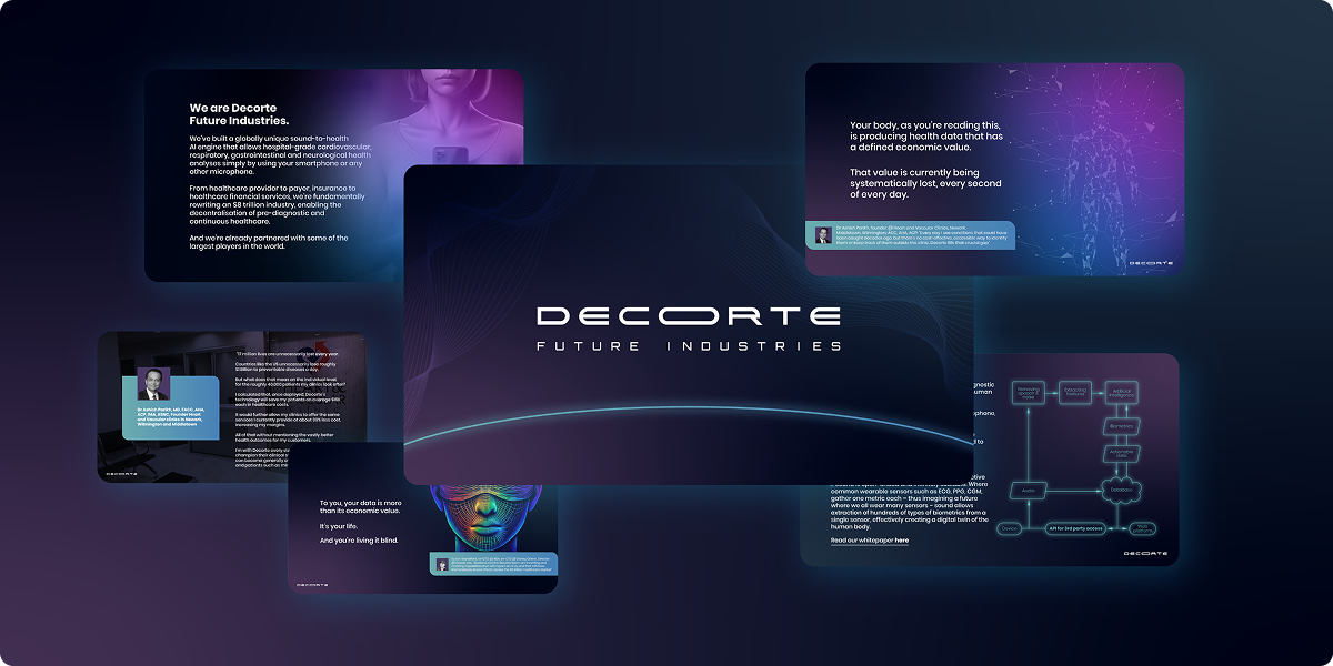 A digital graphic displays the Decorte Future Industries logo at the center, surrounded by futuristic interface screens highlighting a Viewture creator funding case study with text, diagrams, and abstract faces, all set against a dark, tech-inspired background.