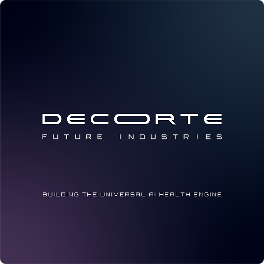 A dark gradient background with the text DECORTE FUTURE INDUSTRIES in futuristic font above BUILDING THE UNIVERSAL AI HEALTH ENGINE in smaller text, inspired by a Viewture creator funding case study.
