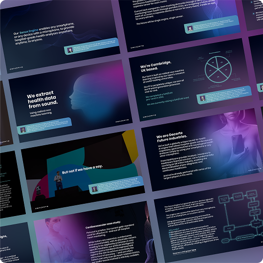 A collage of digital presentation slides with gradients of blue and purple, featuring text, graphs, silhouettes of people, and digital health data themes. Some slides highlight the Viewture creator funding case study with circular diagrams and quotes in text boxes.