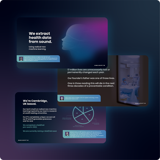Three informational graphics on a dark gradient background; visuals include a silhouetted head with sound waves, hospital scene with patient, and text on extracting health data from sound, healthcare statistics, and the Viewture creator funding case study.