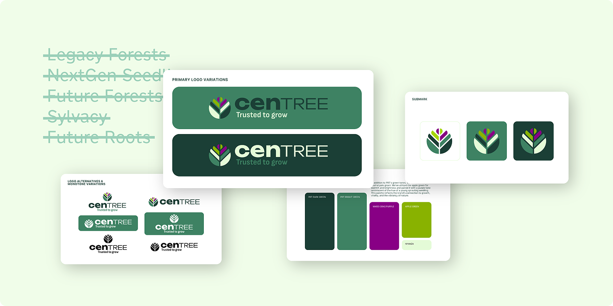 A branding case study board for cenTREE featuring green-themed logo variations, color swatches (dark green, green, yellow-green, purple), and sample black-and-white logos with a leaf and tree design. Text: Trusted to grow.