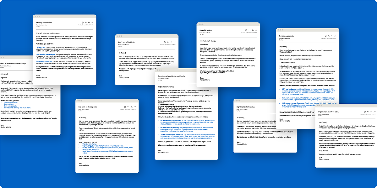 Nine email windows displayed against a blue background, each containing different text in black and blue, with subject lines and email formatting visible but not fully readable—featured in this Viewture creator funding case study.