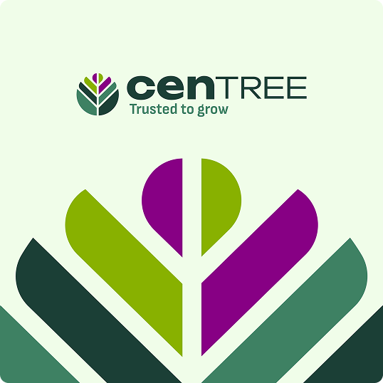 Logo for cenTREE with tagline Trusted to grow. This branding case study features a stylized, geometric tree in green and purple sections, set against a light background.