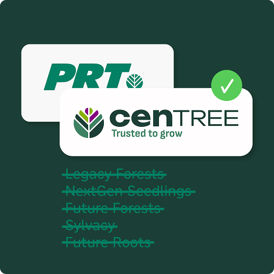 Two logos on a dark green background—PRT with a small leaf, and cenTREE Trusted to grow with a check mark. Below, several names like Legacy Forests and Future Forests are crossed out, highlighting this branding case study.