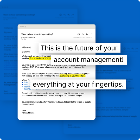 An email with bolded text overlay reads, This is the future of your account management! Everything at your fingertips. The underlying email discusses evolving account management and highlights a Viewture creator funding case study for easy online access.