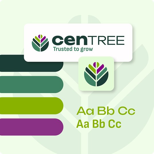 Branding case study for cenTREE featuring a green and purple leaf logo, a fresh green color palette, and sample text in green fonts reading Aa Bb Cc. Slogan: Trusted to grow.