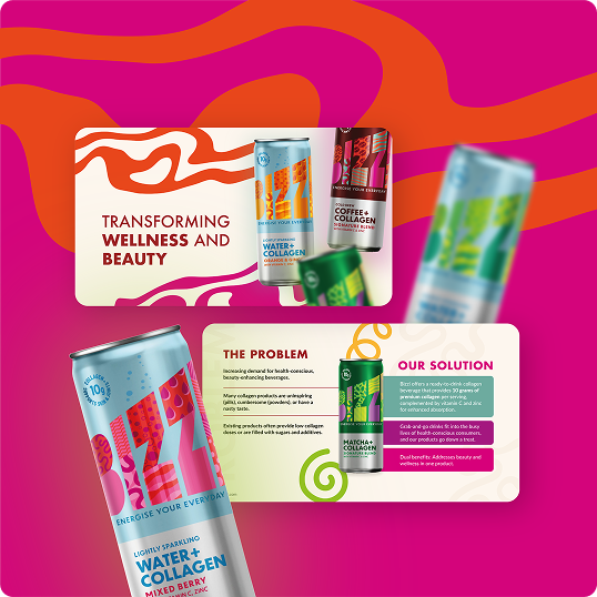 Colorful promotional image featuring cans of sparkling water and collagen drinks. Text reads Transforming Wellness and Beauty, highlighting unhealthy drinks and presenting healthy, flavorful alternatives—featured in a Viewture creator funding case study.
