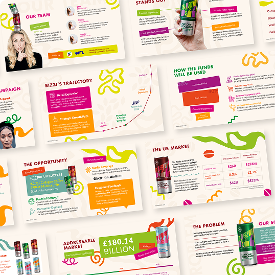 A collage of vibrant presentation slides features information about a beverage brand, including charts, infographics, market data, product images, and highlights from a Viewture creator funding case study. Texts and graphics are visible throughout.