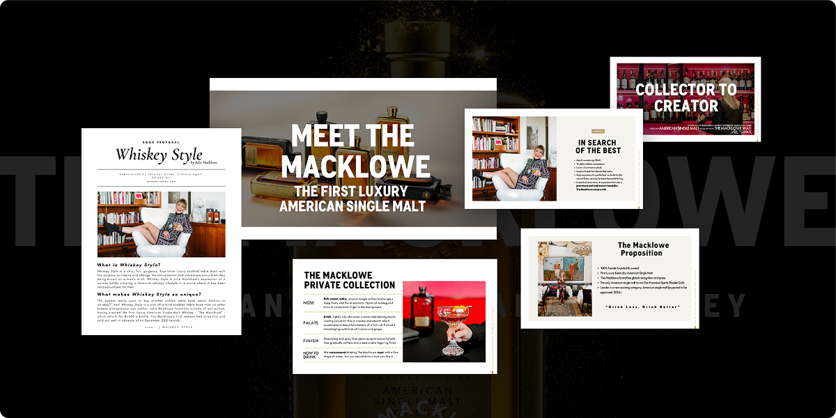 A collage of magazine and website pages featuring The Macklowe, a luxury American single malt whiskey, with headlines, bottle images, and photos of a woman surrounded by whiskey bottles and books—highlighted in a Viewture creator funding case study.
