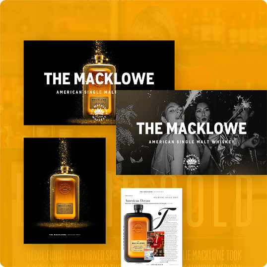 A collage features bottles of The Macklowe American Single Malt Whiskey, promotional graphics with the whiskey bottle, and people celebrating with drinks in the background, highlighting a Viewture creator funding case study.