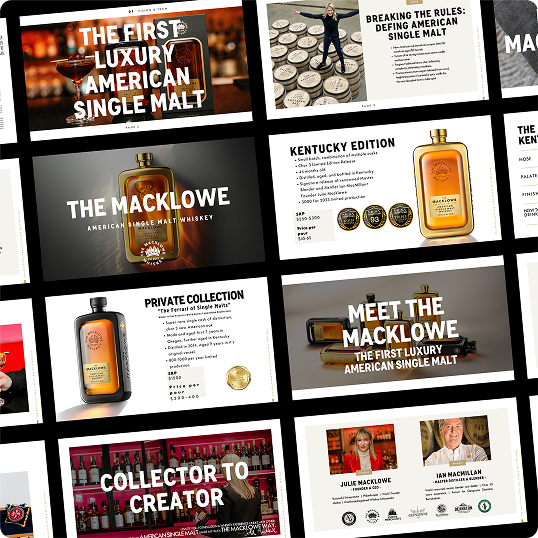 A collage of marketing slides for The Macklowe American Single Malt Whiskey, featuring bottles, tasting notes, and Viewture creator funding case study highlights alongside images of people and promotional headlines on luxury and craftsmanship.