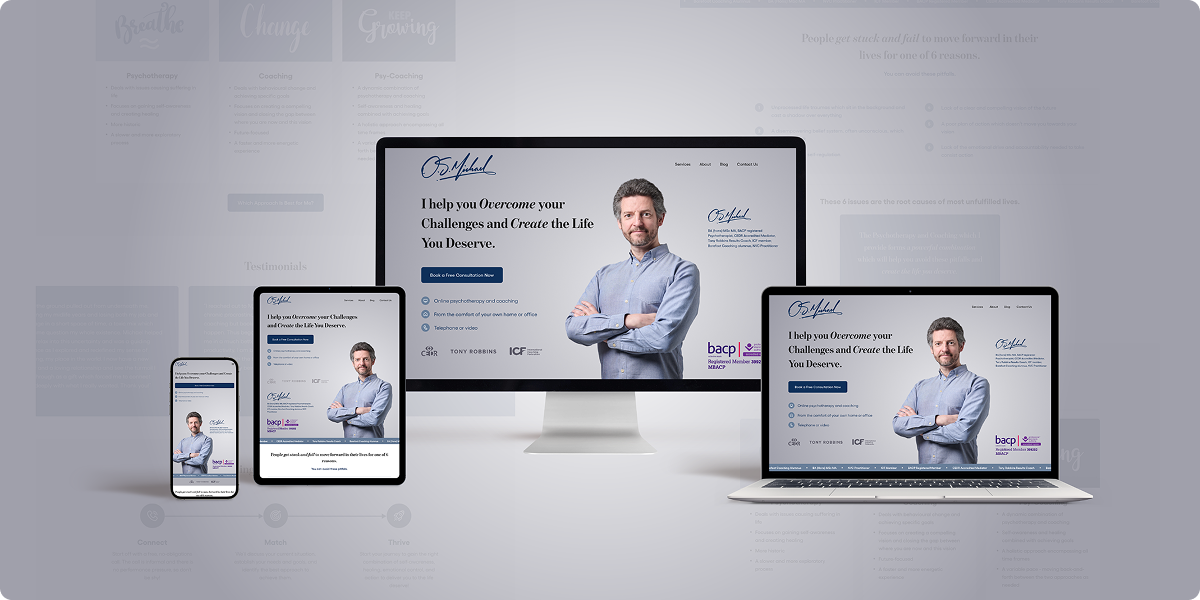 A desktop, laptop, tablet, and smartphone display the same BCI Brands Web Design website featuring a man with folded arms, blue shirt, and text about overcoming challenges and creating a better life in a blue and white color scheme.