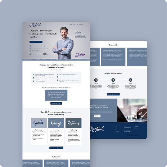 A website homepage by BCI Brands Web Design featuring a professional man with folded arms, testimonial sections, service descriptions, and blue-themed design elements—perfect for showcasing coaching or consulting services.
