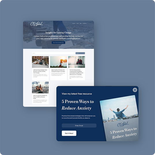 Screenshot of a BCI Brands Web Design website offering mental health resources, featuring articles and a pop-up for a free guide, “5 Proven Ways to Reduce Anxiety,” with an email form and a background image of a joyful person outdoors.