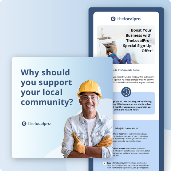 A smiling man in a yellow construction helmet and gloves stands with arms crossed in front of a sign reading, Why should you support your local community? Branding for thelocalpro is visible—a great example for any branding case study.