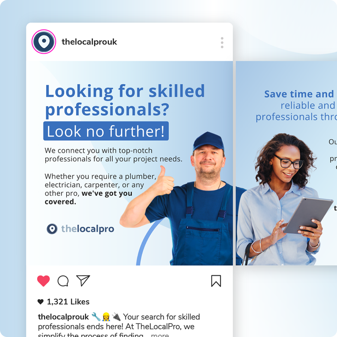 Instagram post by thelocalprouk featuring a smiling male worker in overalls giving a thumbs up, and a woman with curly hair and glasses using a tablet. Text highlights skilled professional services as part of their latest branding case study.