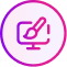 A pink and purple gradient icon of a computer monitor with a paintbrush over the screen, enclosed in a circular border, symbolizing graphic design or digital art for a branding case study.