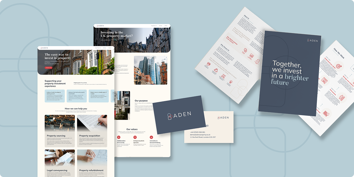 A digital mockup displays branded materials for ADEN, including websites, brochures, business cards, and documents in a modern design with blue, white, and red accents—perfect for a branding case study on property investment.