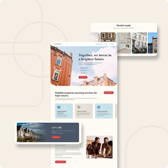 A website mockup displays real estate property sourcing services with images of houses, service details, and sections labeled Rental ready and Lets talk on a light background with geometric patterns, designed as part of a branding case study.